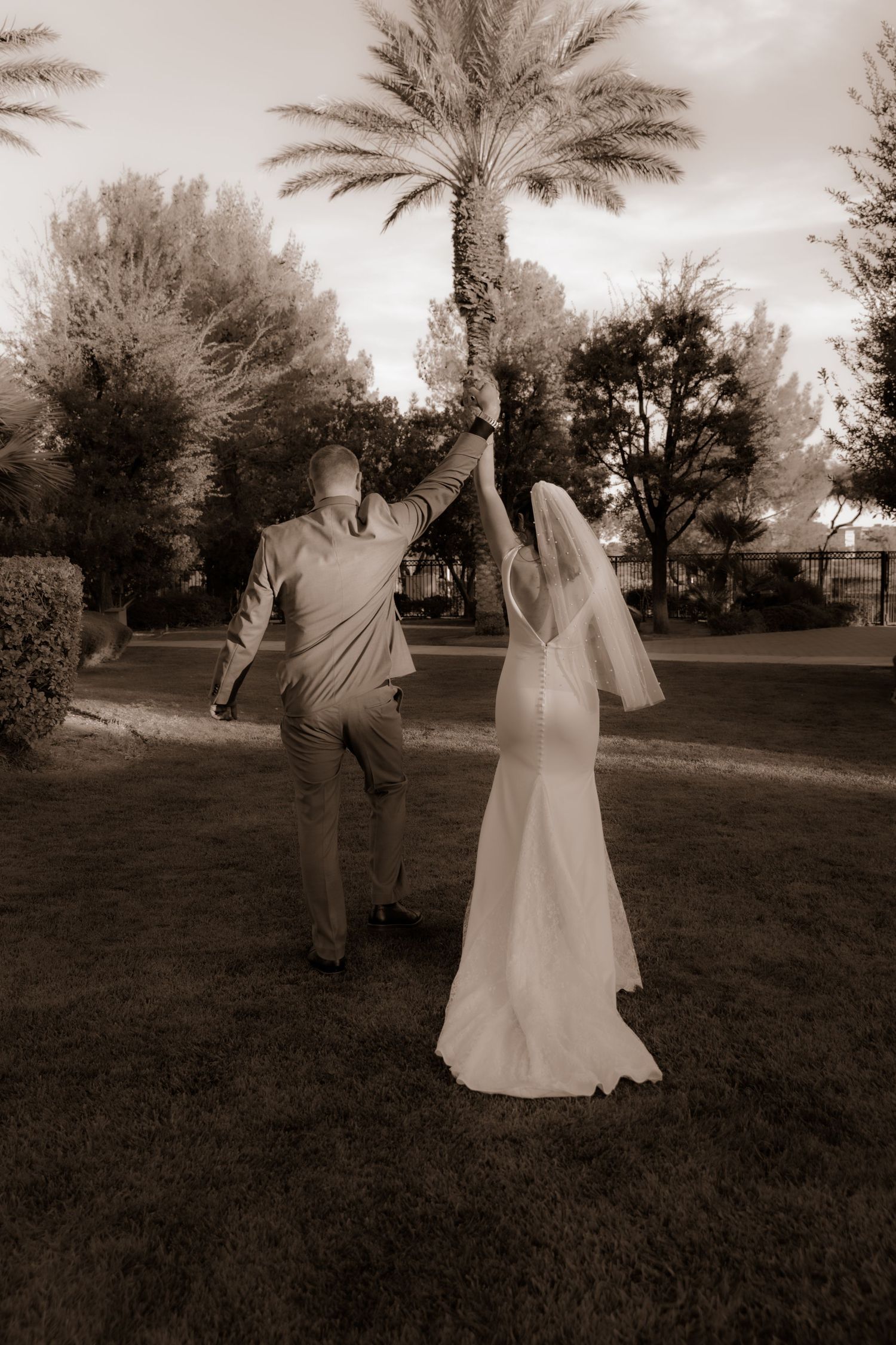 A sepia photo of newlyweds walking together on a palm-tree lined lawn.