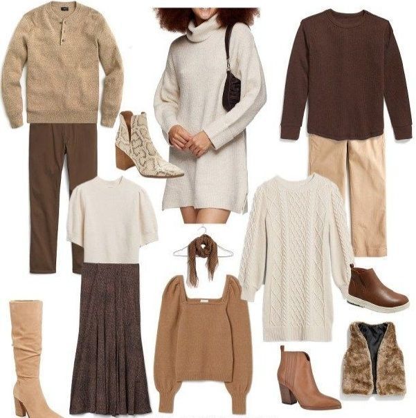 A winter fashion mood board with neutral sweaters, boots, and cozy knit pieces.