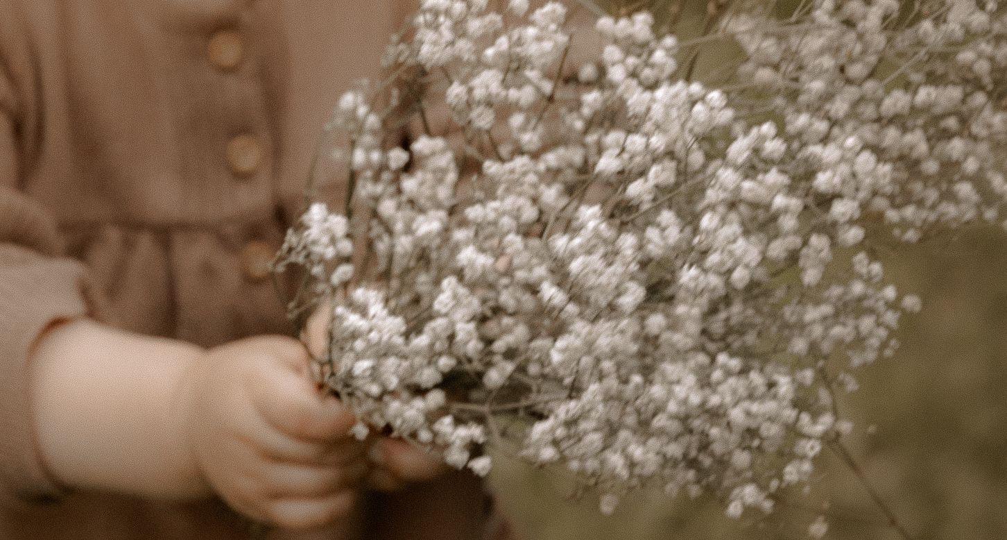 Delicate white baby's breath flowers held by small hands in a brown buttoned dress.