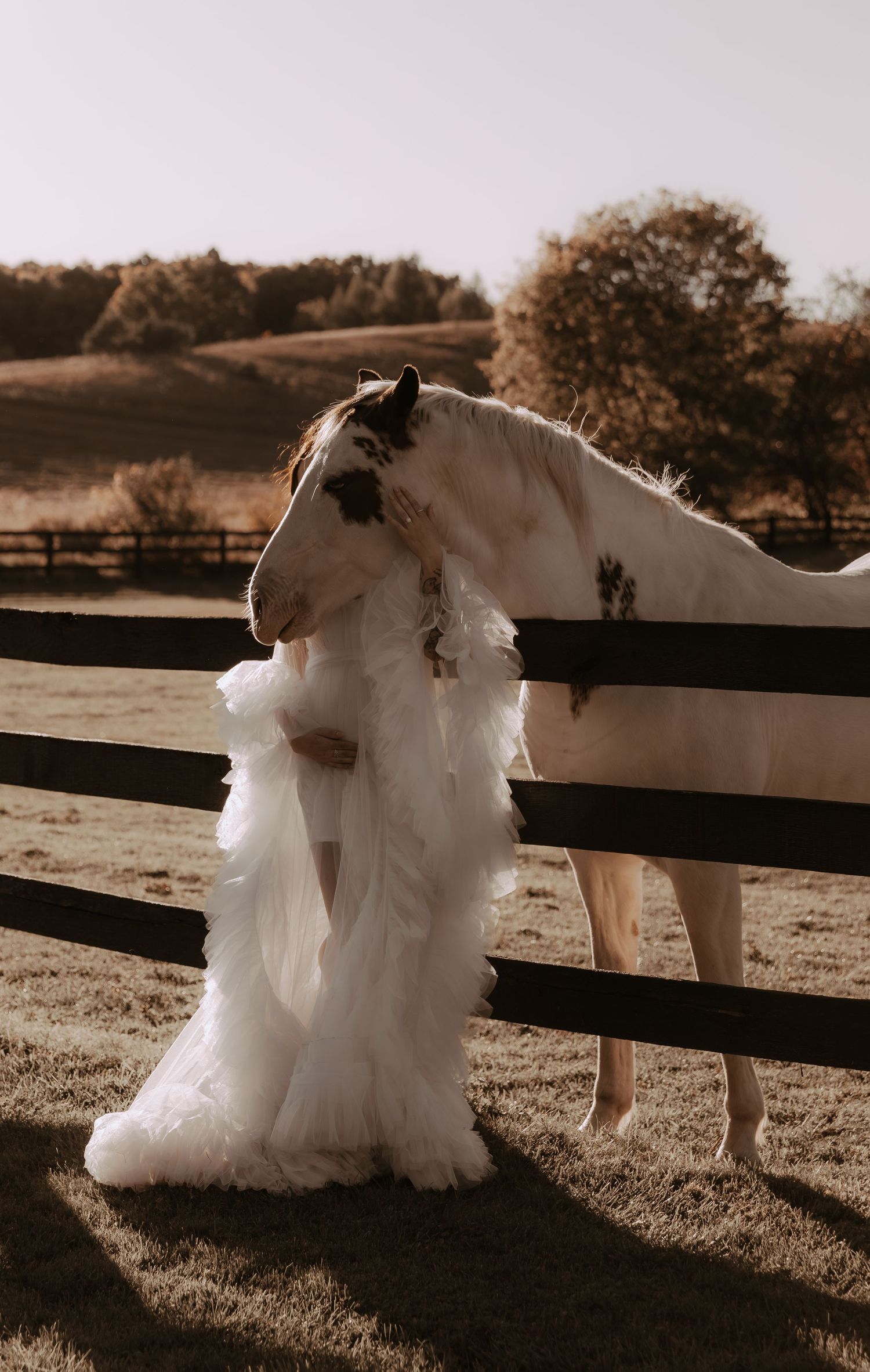 A wedding dress draped over a wooden fence next to a white horse in a rustic countryside setting at sunset.