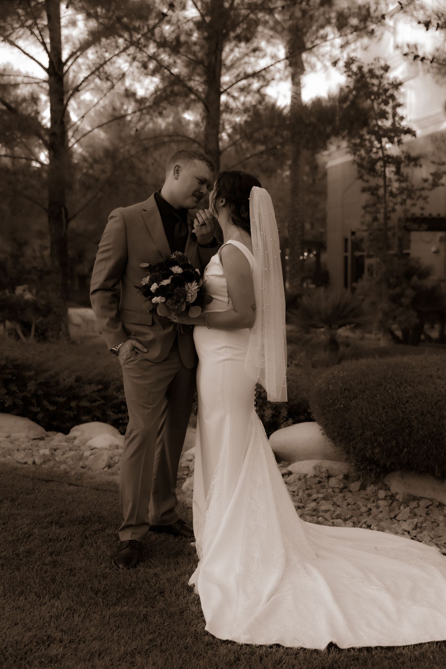 A romantic black and white wedding portrait of newlyweds sharing an intimate moment among pine trees.