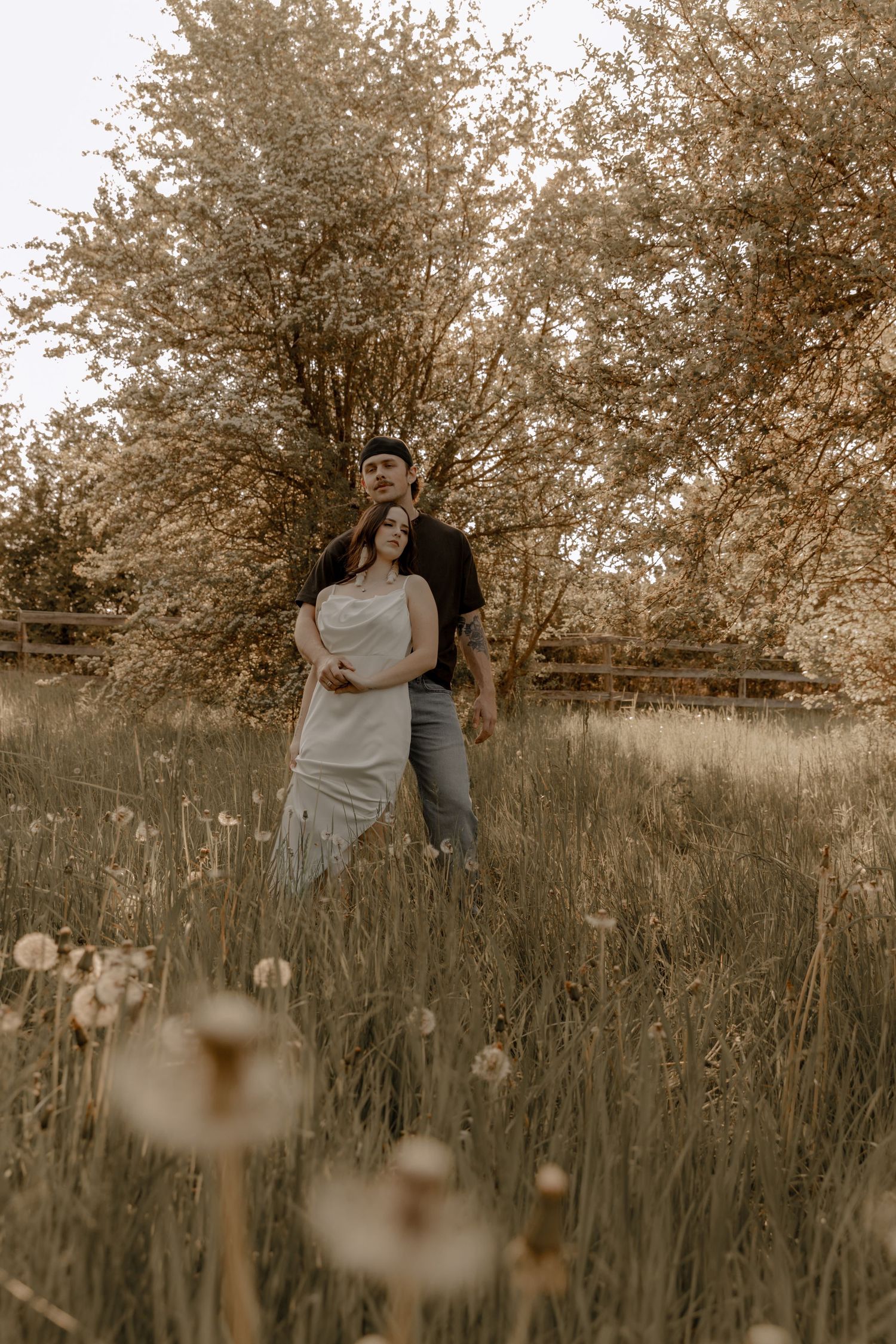 A romantic couple embraces in a sunlit meadow with tall grass and wildflowers during golden hour.