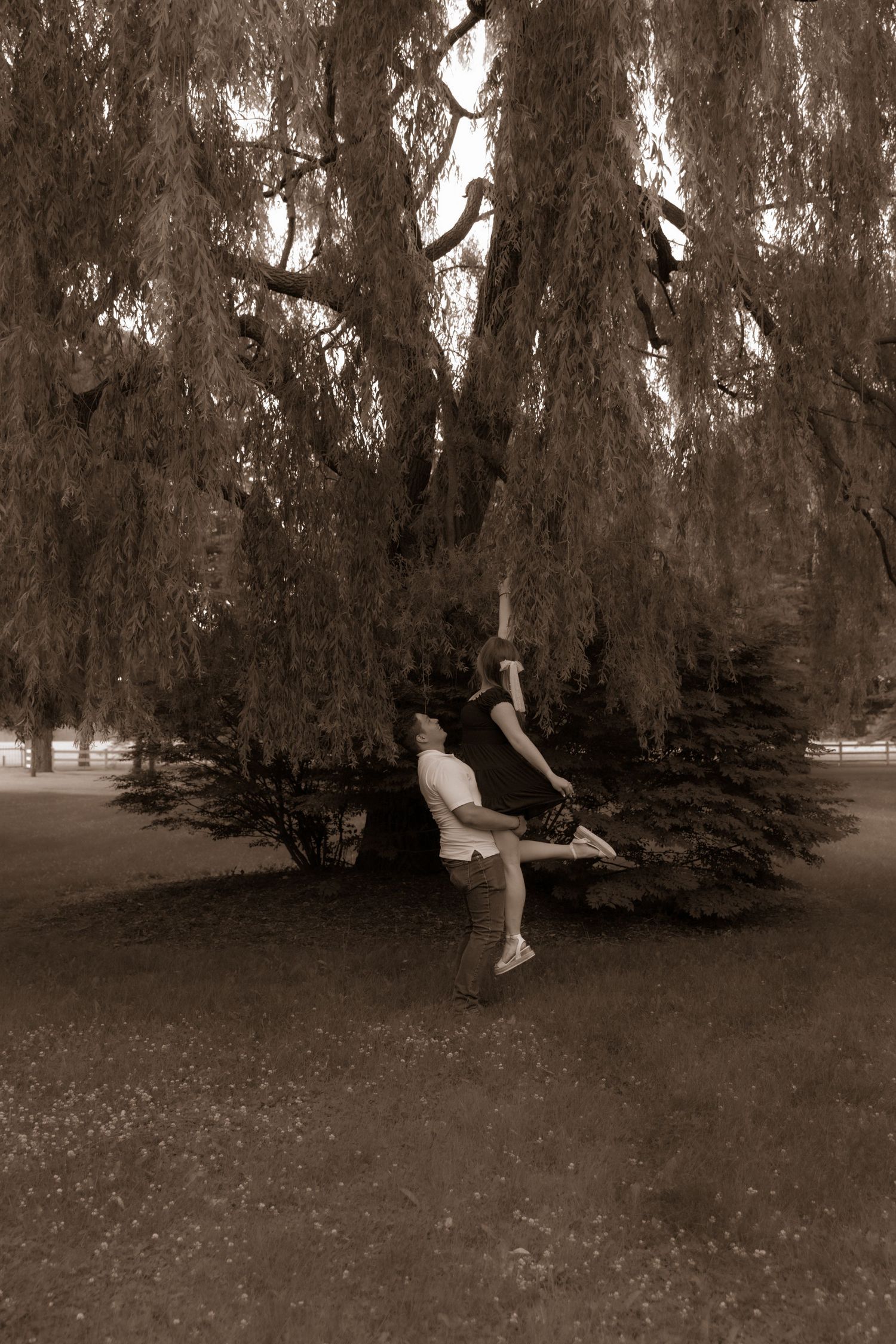 A dancer strikes a graceful pose under a weeping willow tree in sepia.