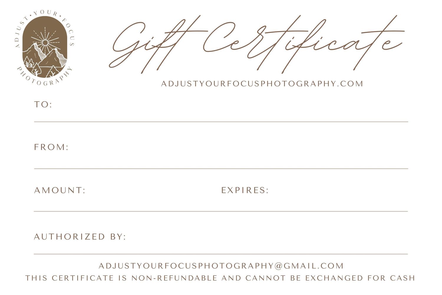 A blank photography gift certificate template with brown logo and elegant script typography.