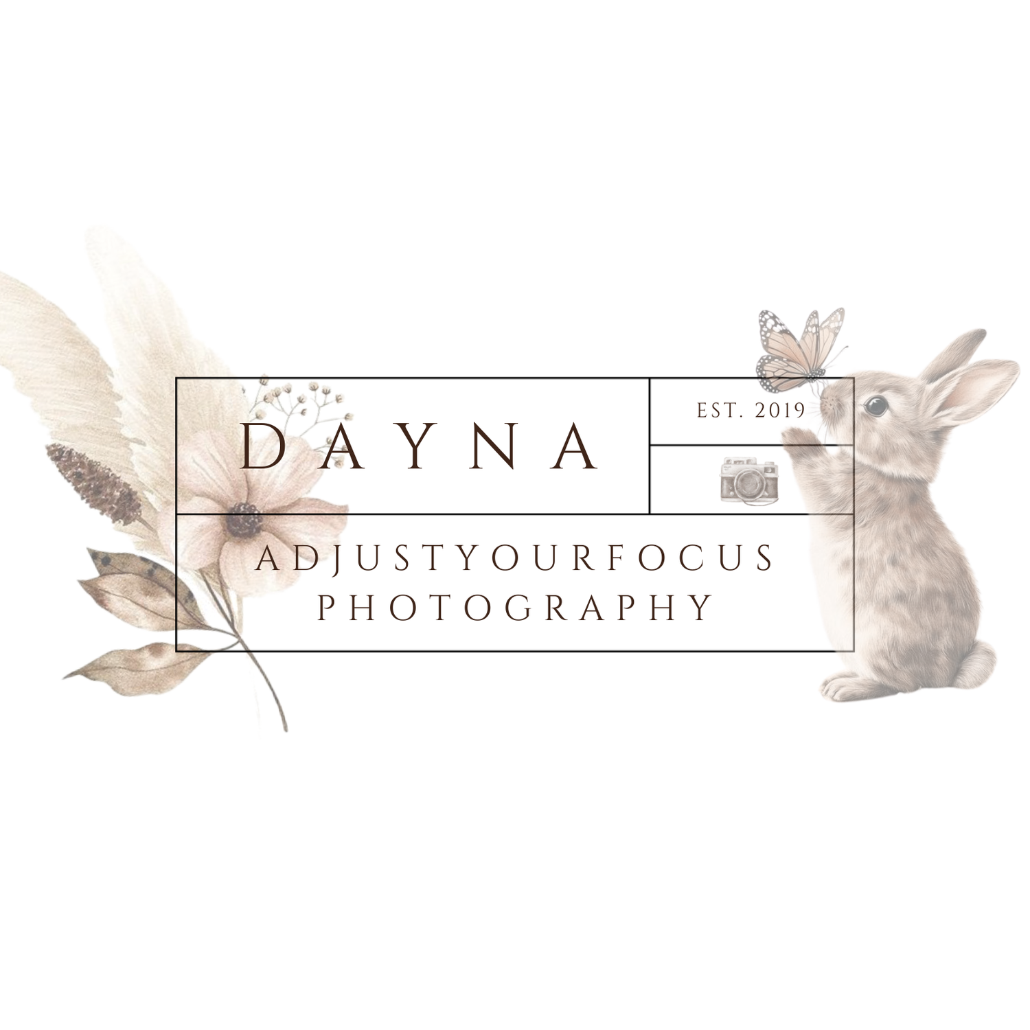An elegant photography brand logo with bunny illustration and botanical elements in neutral tones.