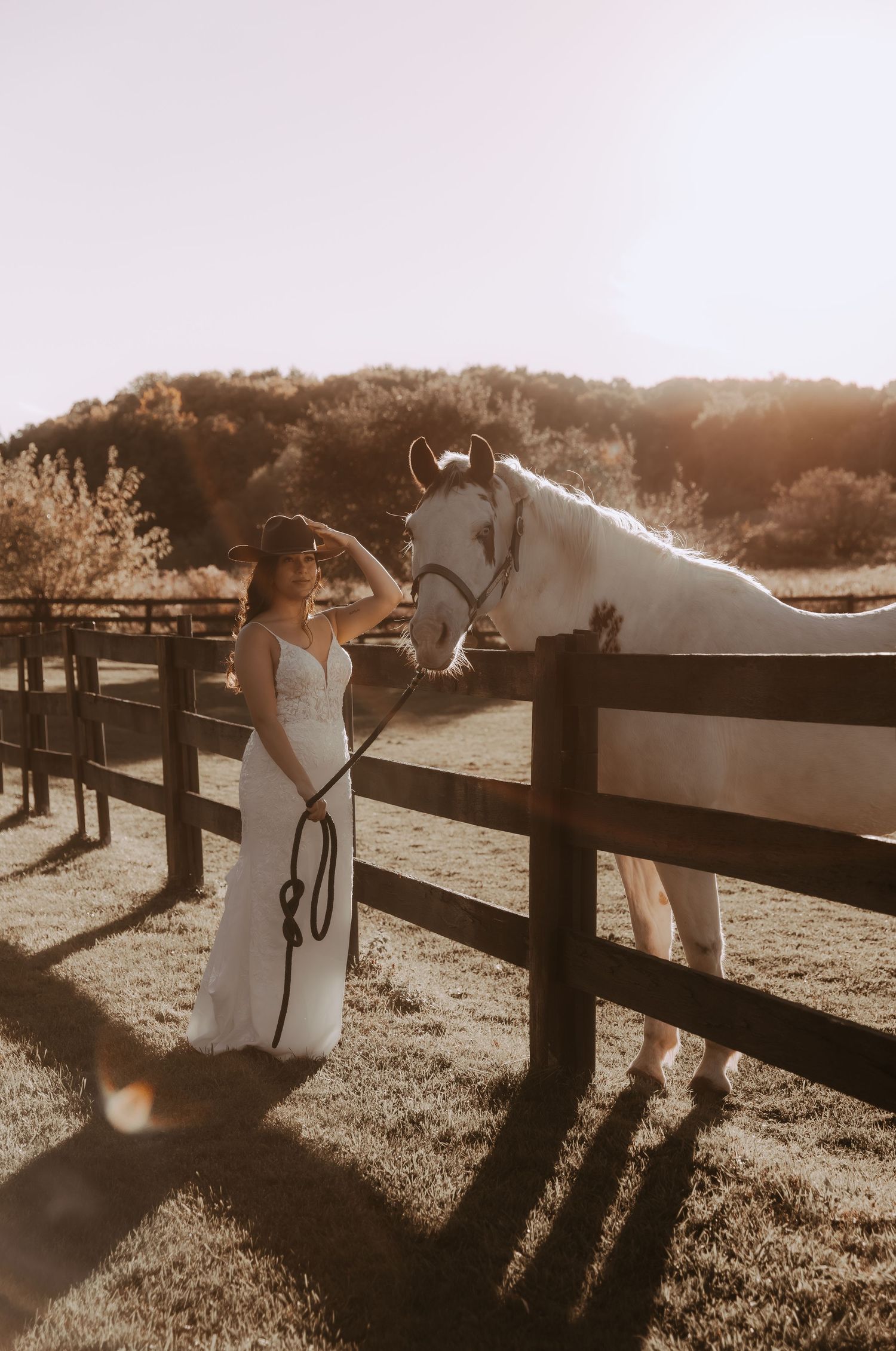 Bride in white dress poses with beautiful white horse at sunset near wooden fence.