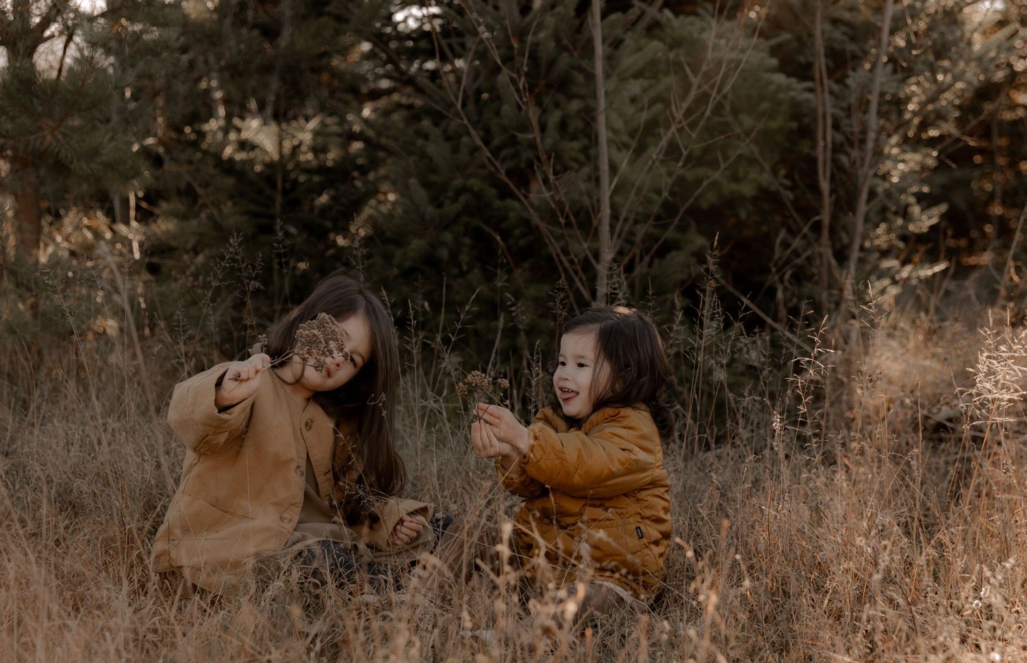 Two people in matching brown outfits share a joyful moment while sitting in tall autumn grass near trees.