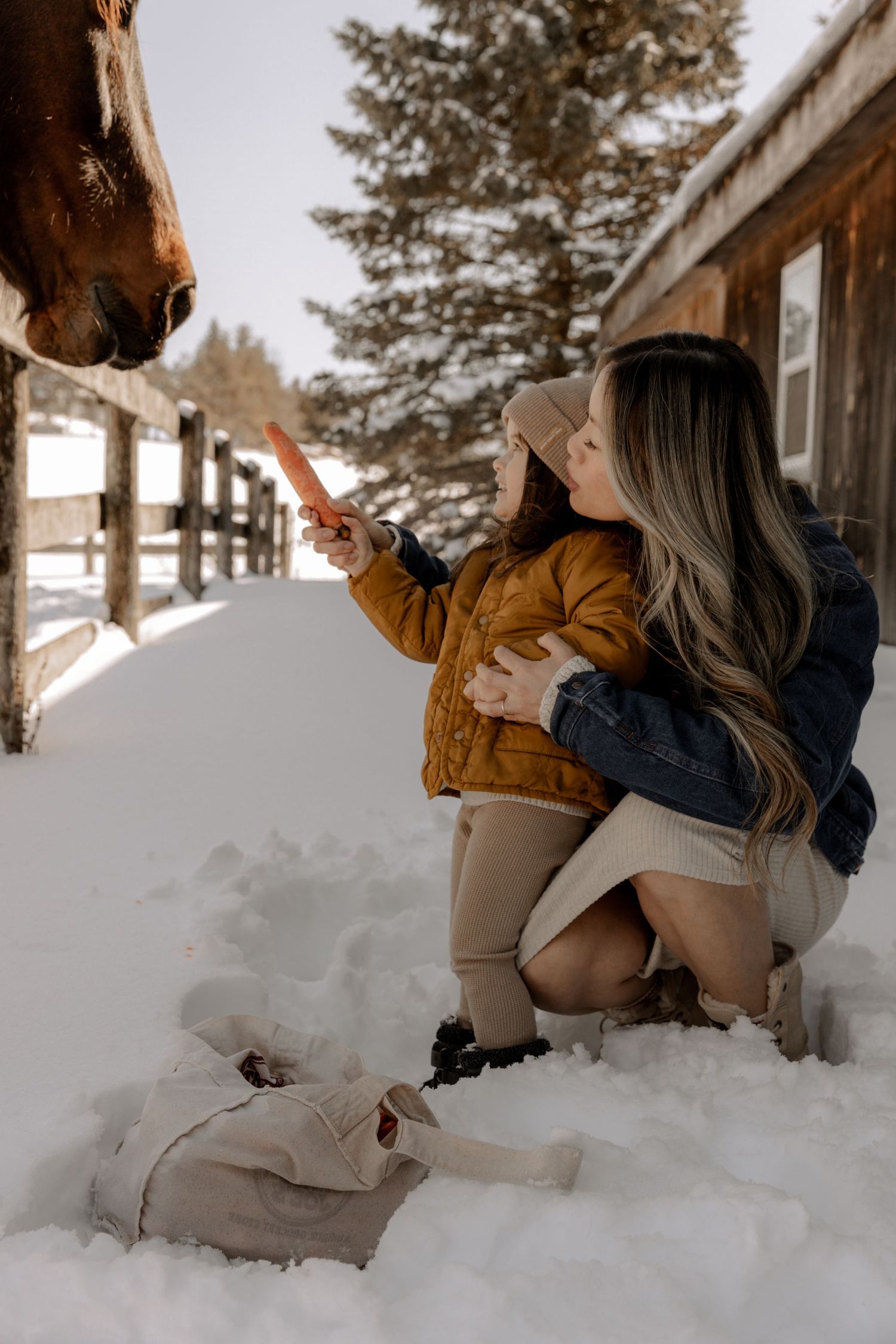 A person and child kneeling in snowy winter scene reaching out to feed a curious horse by wooden fence.
