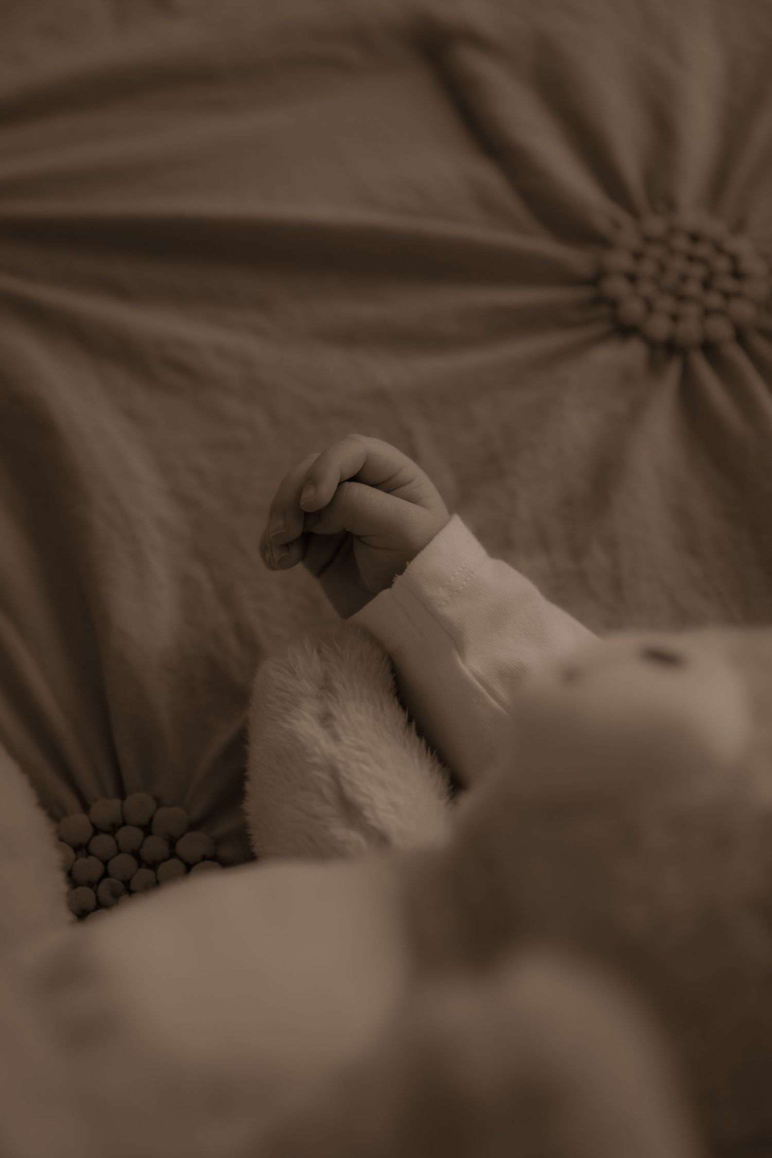 Baby's hand against dark floral patterned background in sepia tones.
