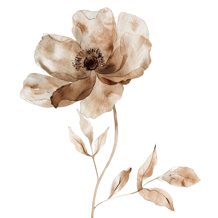 Delicate watercolor illustration of a single beige flower with leaves against a black background.