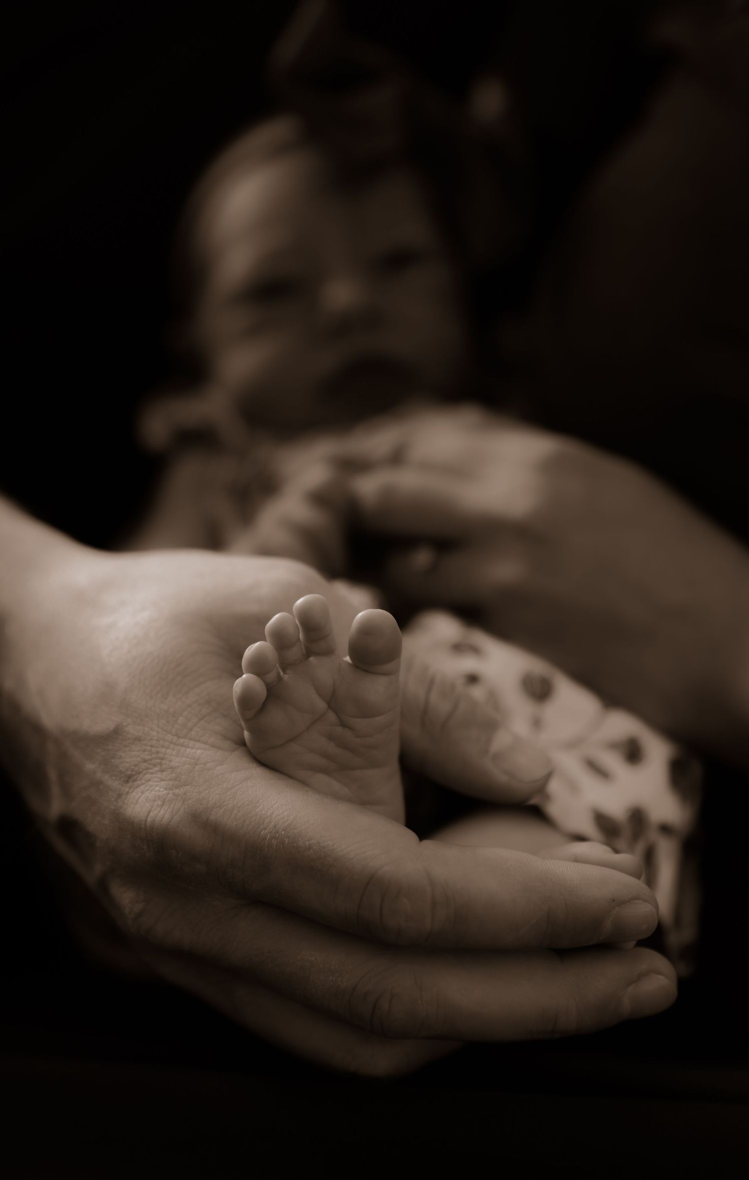 Tender moment showing tiny foot cradled in adult hands.