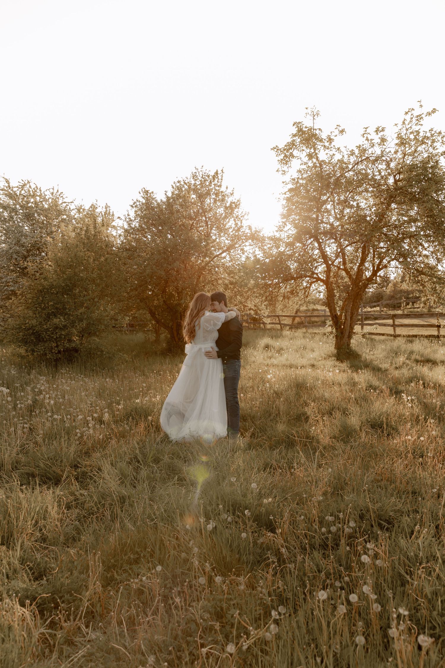 Romantic wedding photo of a couple embracing in a golden-lit orchard at sunset.