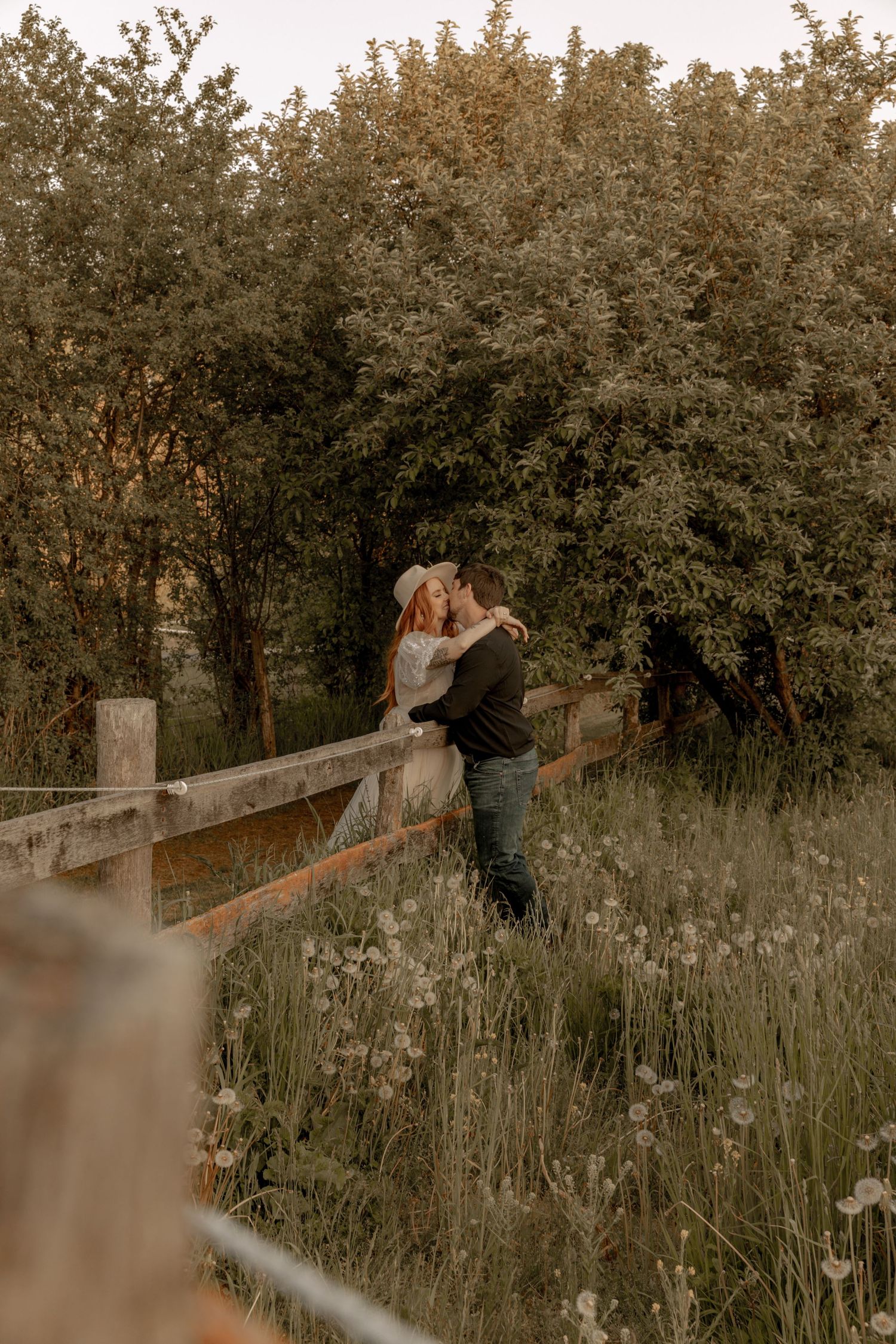 Couple sharing an intimate moment on a rustic fence surrounded by tall grass and trees.