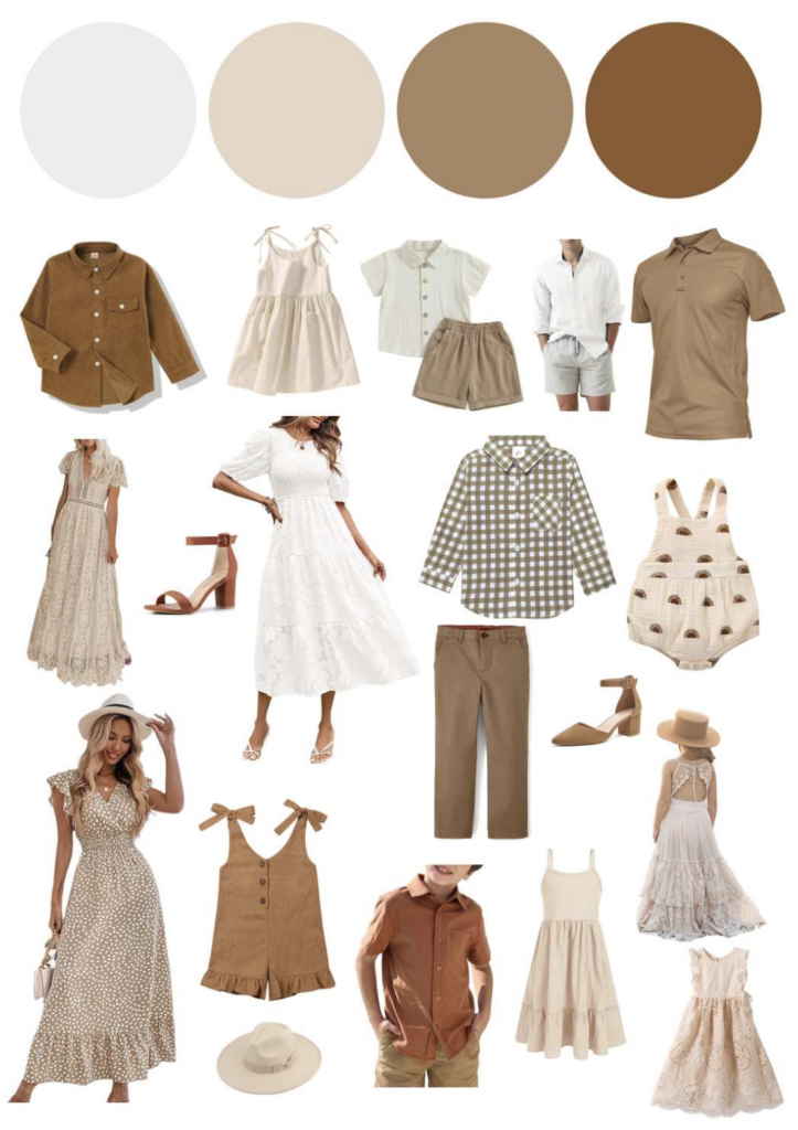 A earth-toned wardrobe collection featuring casual and dressy clothing options.