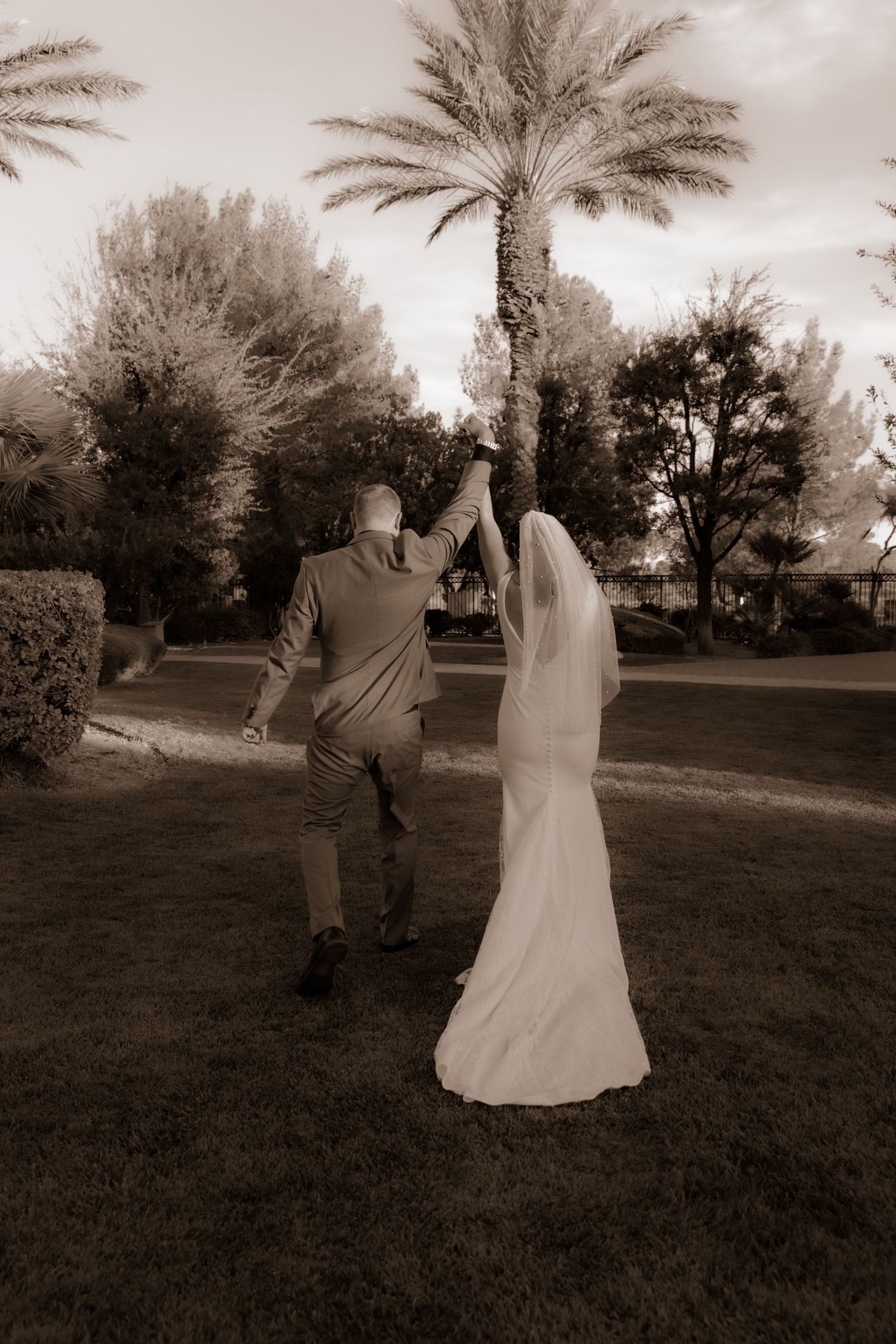 A sepia-toned wedding photo of a couple walking through a palm tree-lined garden.
