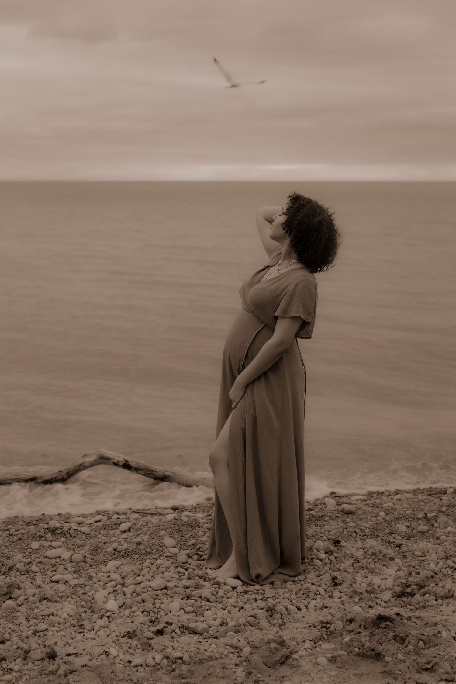 A silhouetted figure in a flowing dress stands on a coastal cliff edge looking out over a misty seascape at dusk.