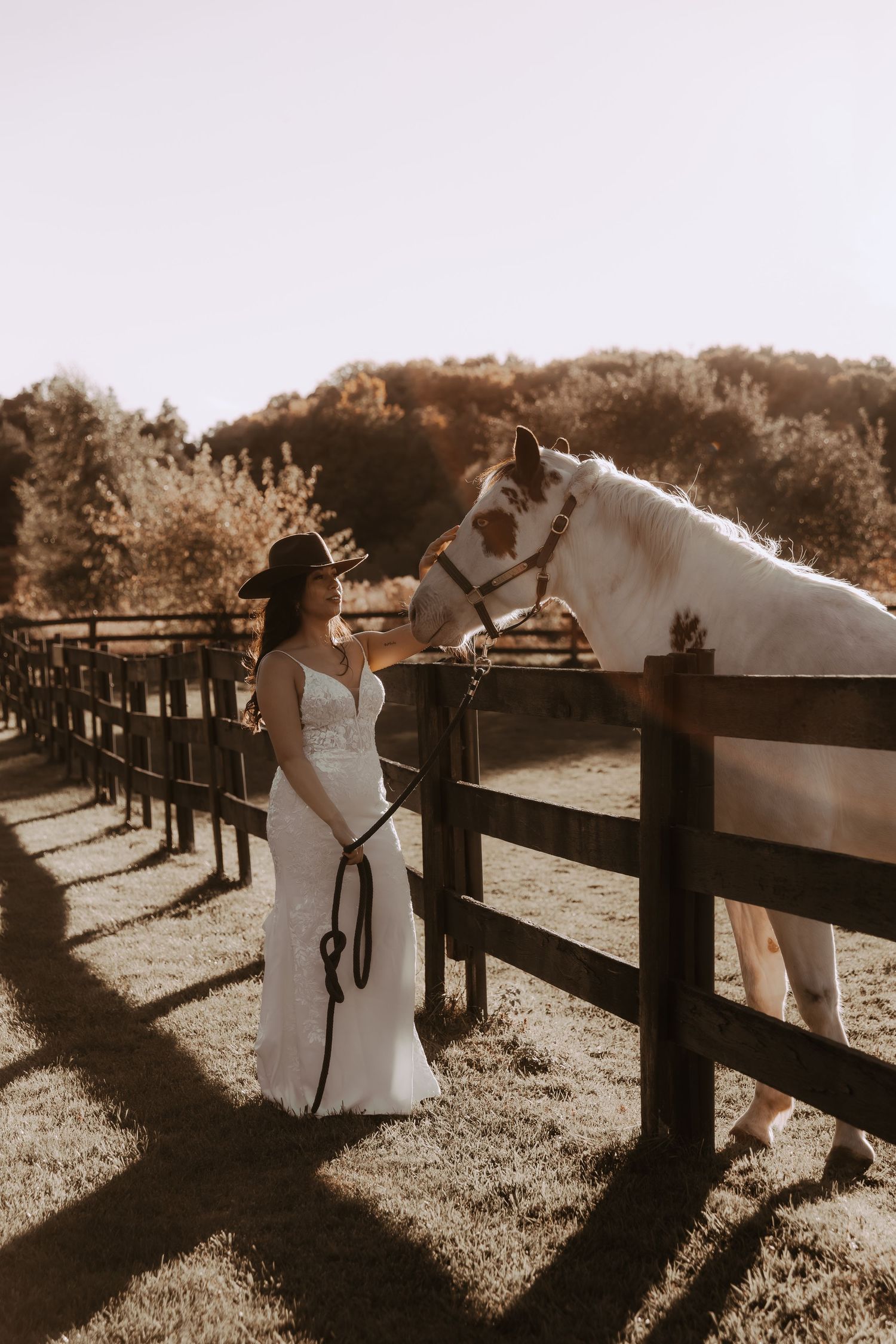A beautiful white horse leans over a wooden fence to greet someone in a wedding gown.