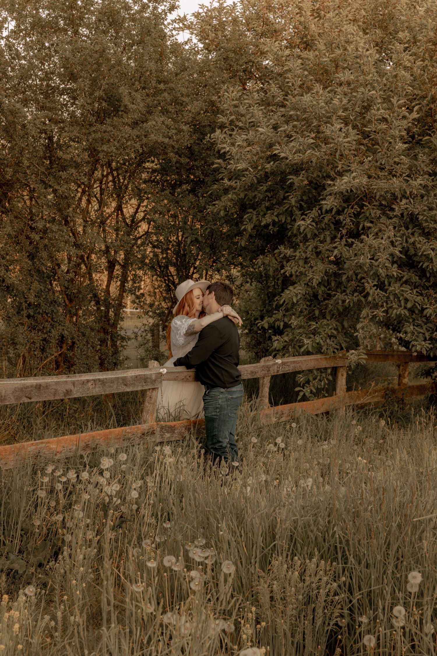 Romantic couple embracing by a wooden fence in a golden-lit field at sunset with trees in background.