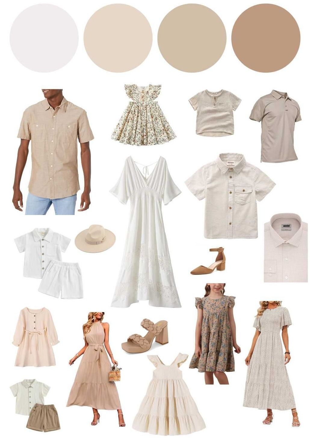 A coordinated family wardrobe collection in neutral beige and white tones.