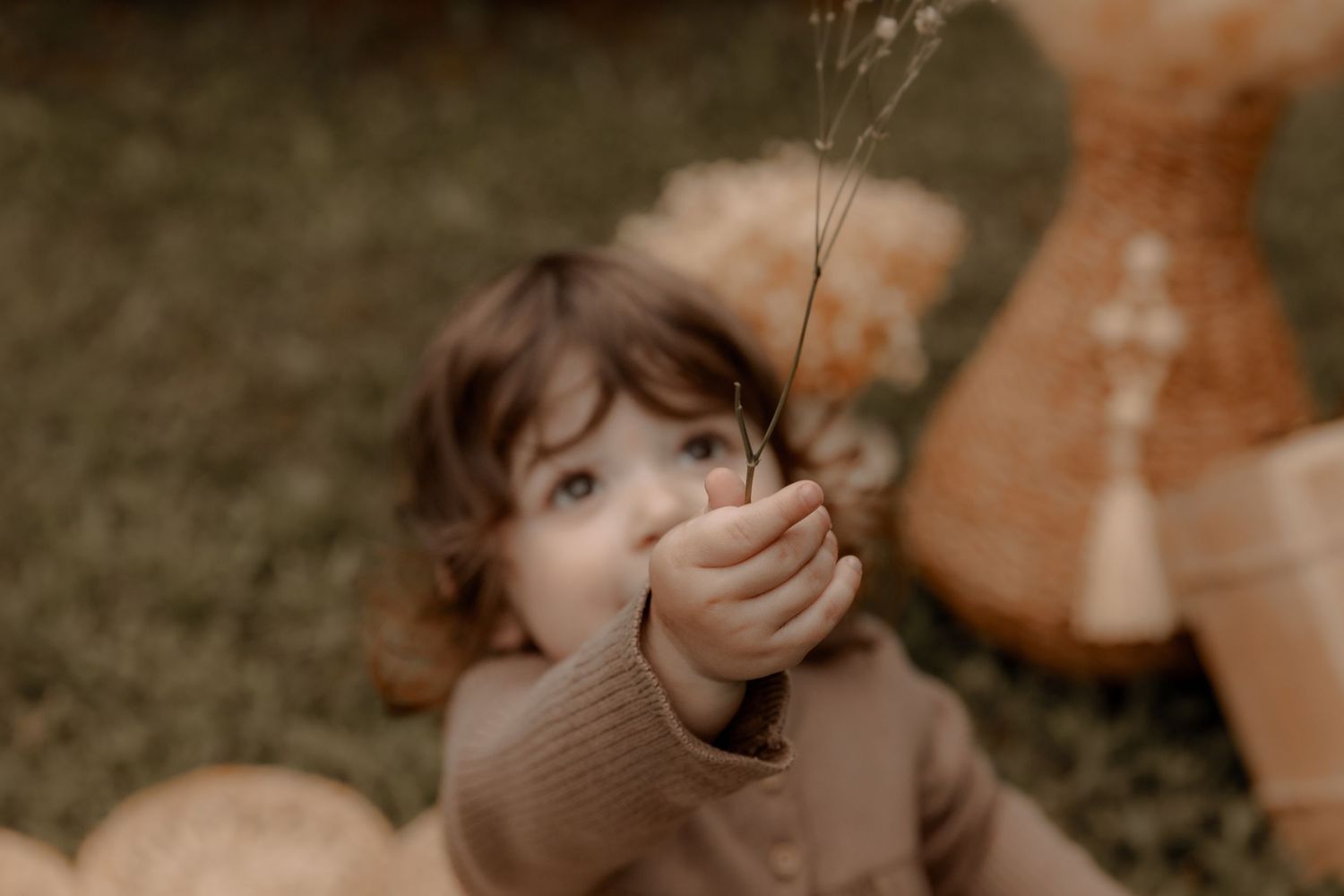 Small figure in brown sweater holding up dried flowers against a natural background.