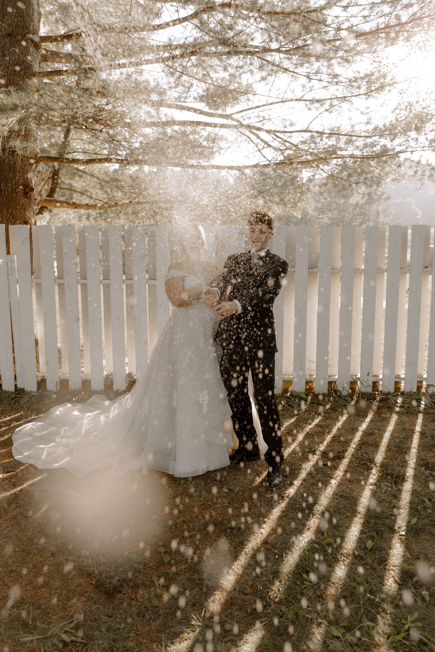 A dreamy wedding portrait with sunlight creating magical sparkles through pine trees.