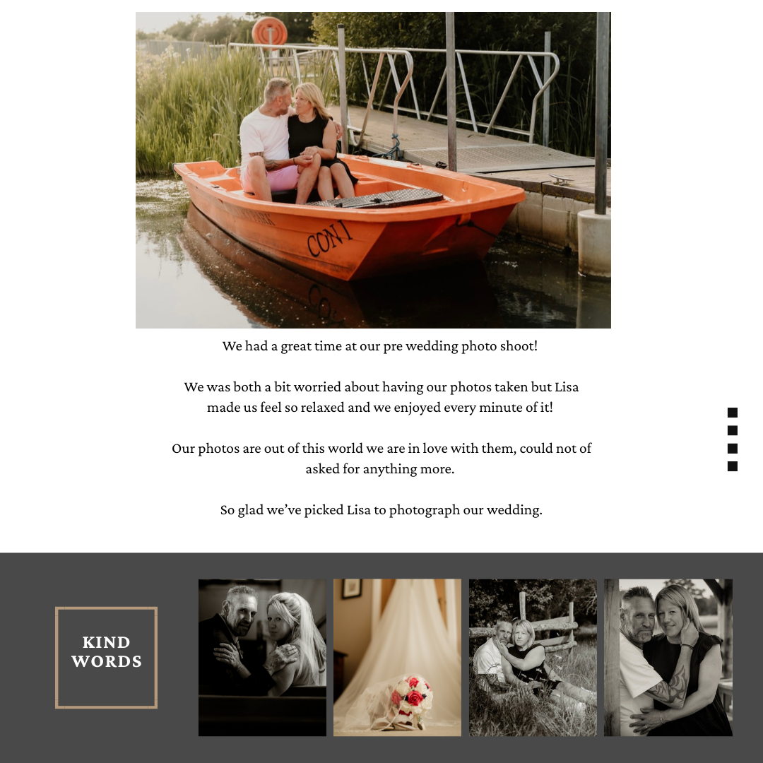 Newlyweds sitting in bright orange rowboat at wooden dock during wedding photoshoot.