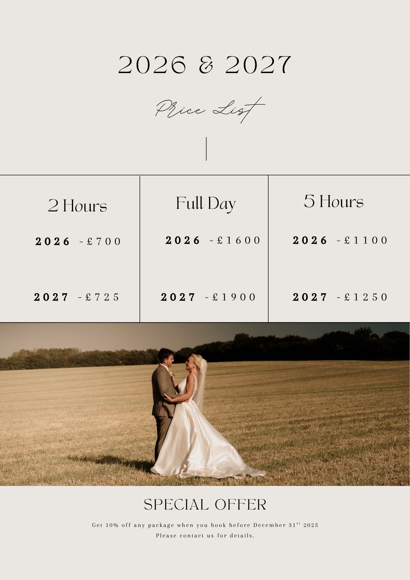Wedding photography pricing page showing 2026-2027 packages with ethereal golden hour couple photos in a rustic field.