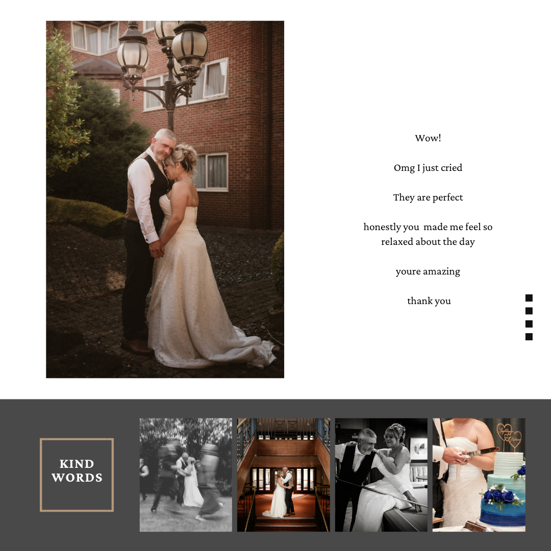 Romantic evening wedding portrait against brick building with glowing lanterns.