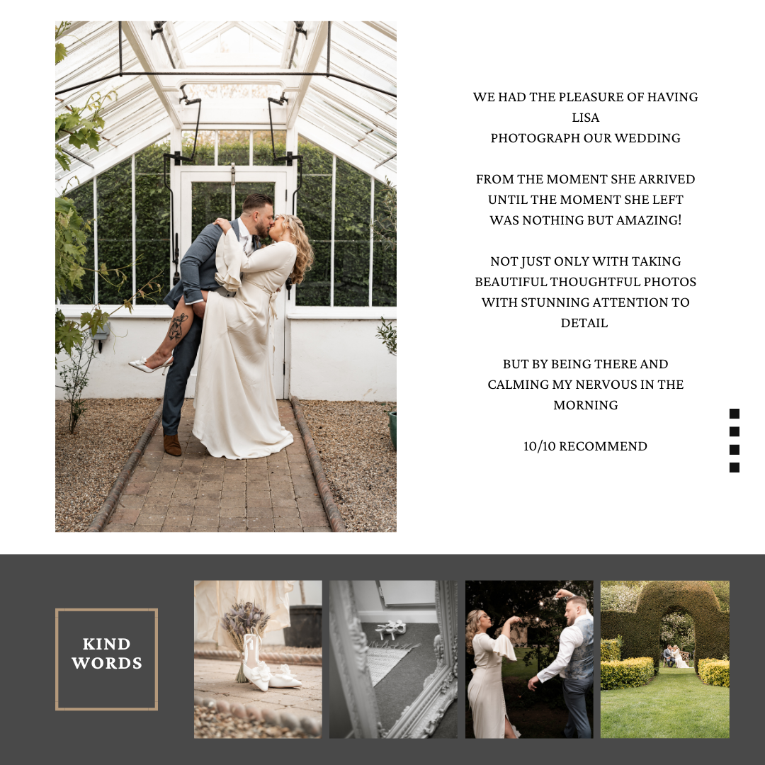 Romantic wedding portrait in a sunlit greenhouse with white architectural details.