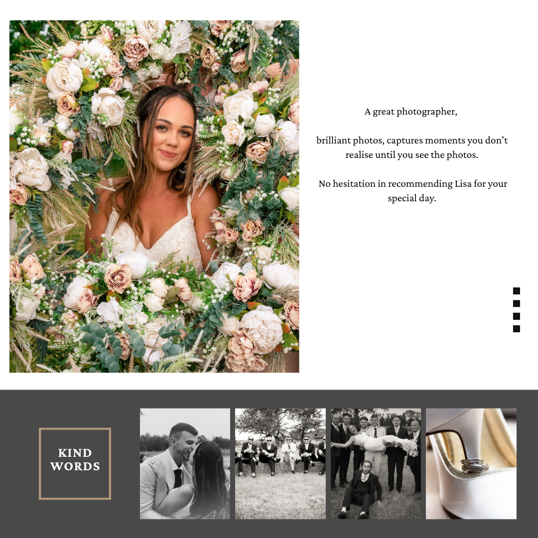 Elegant wedding portrait framed by luxurious floral arch with white and pink blooms against a natural backdrop.
