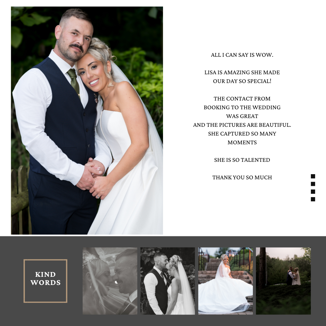 Wedding couple embracing outdoors in formal attire with lush greenery in background.