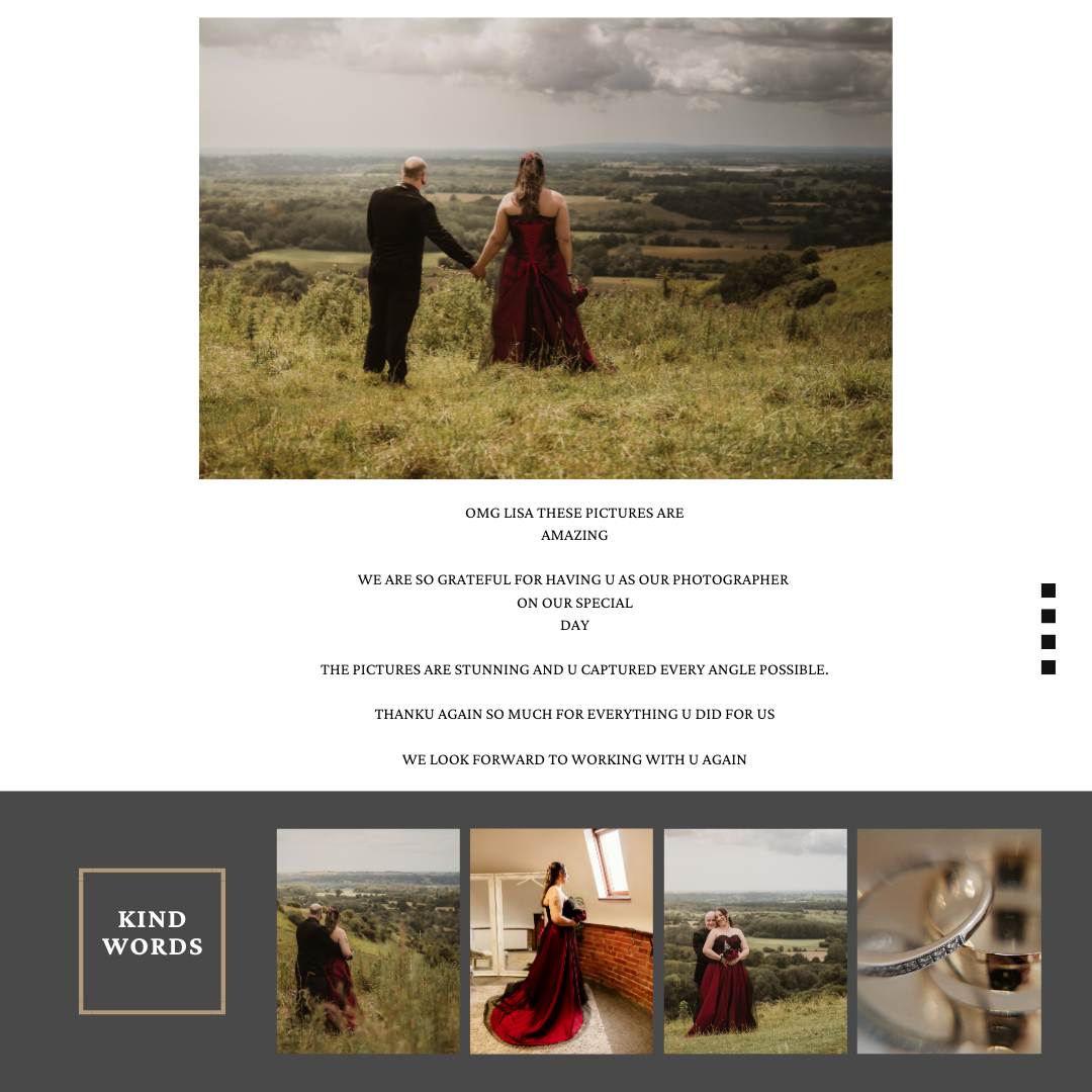 Wedding couple poses on hilltop overlooking scenic countryside landscape at sunset.
