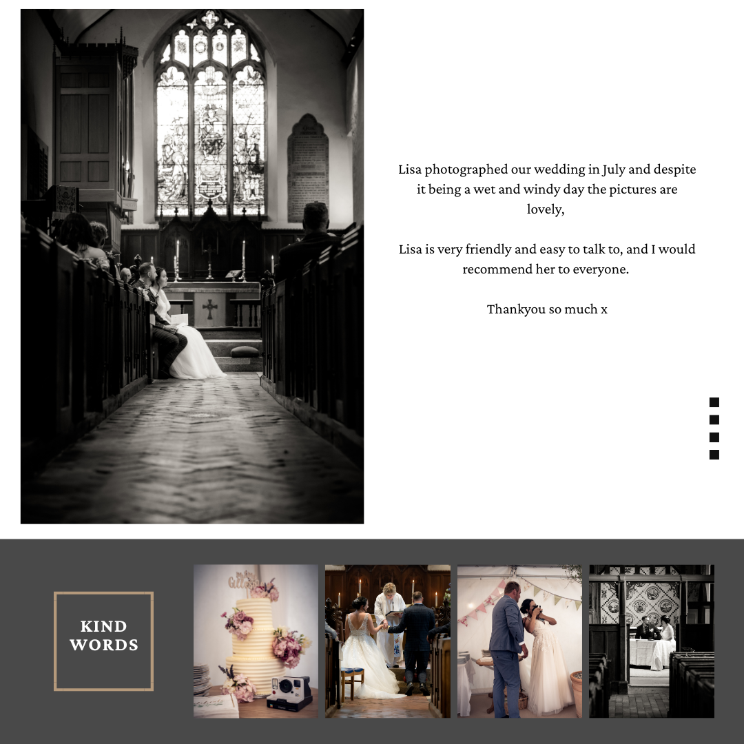 Black and white church wedding photograph with dramatic lighting through stained glass windows.