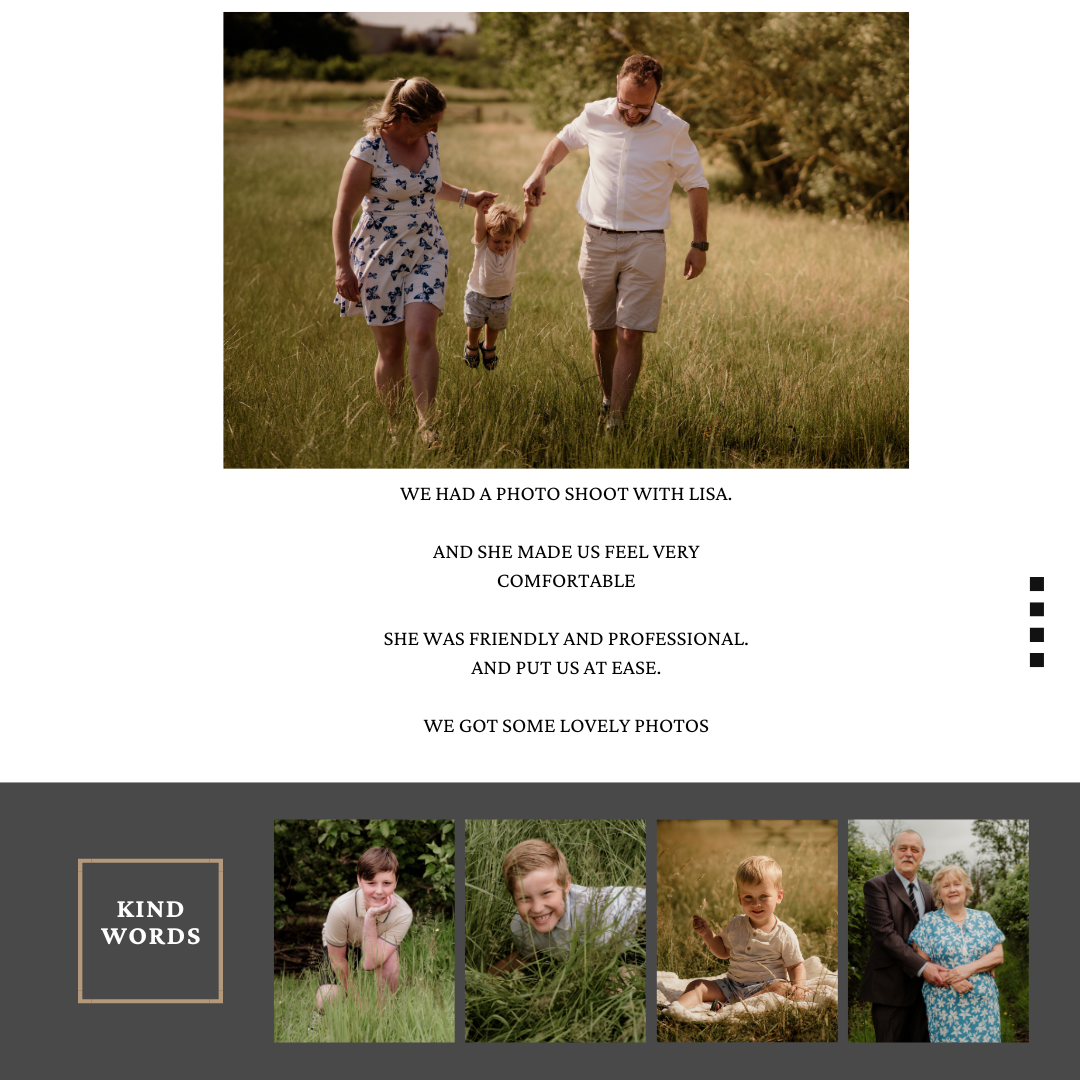Wedding photography testimonial layout featuring family photos and review text.