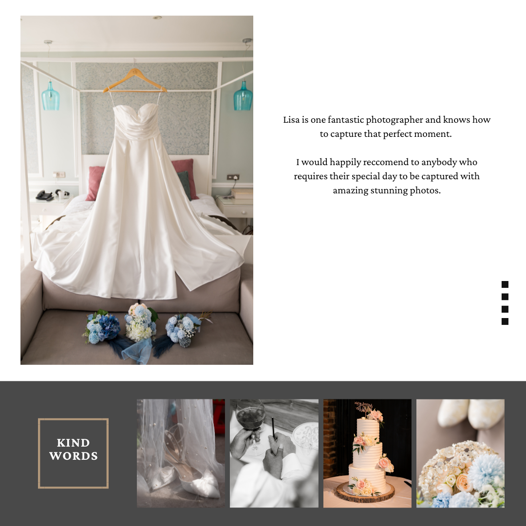 Elegant white wedding dress displayed on hanger with blue decorative elements.