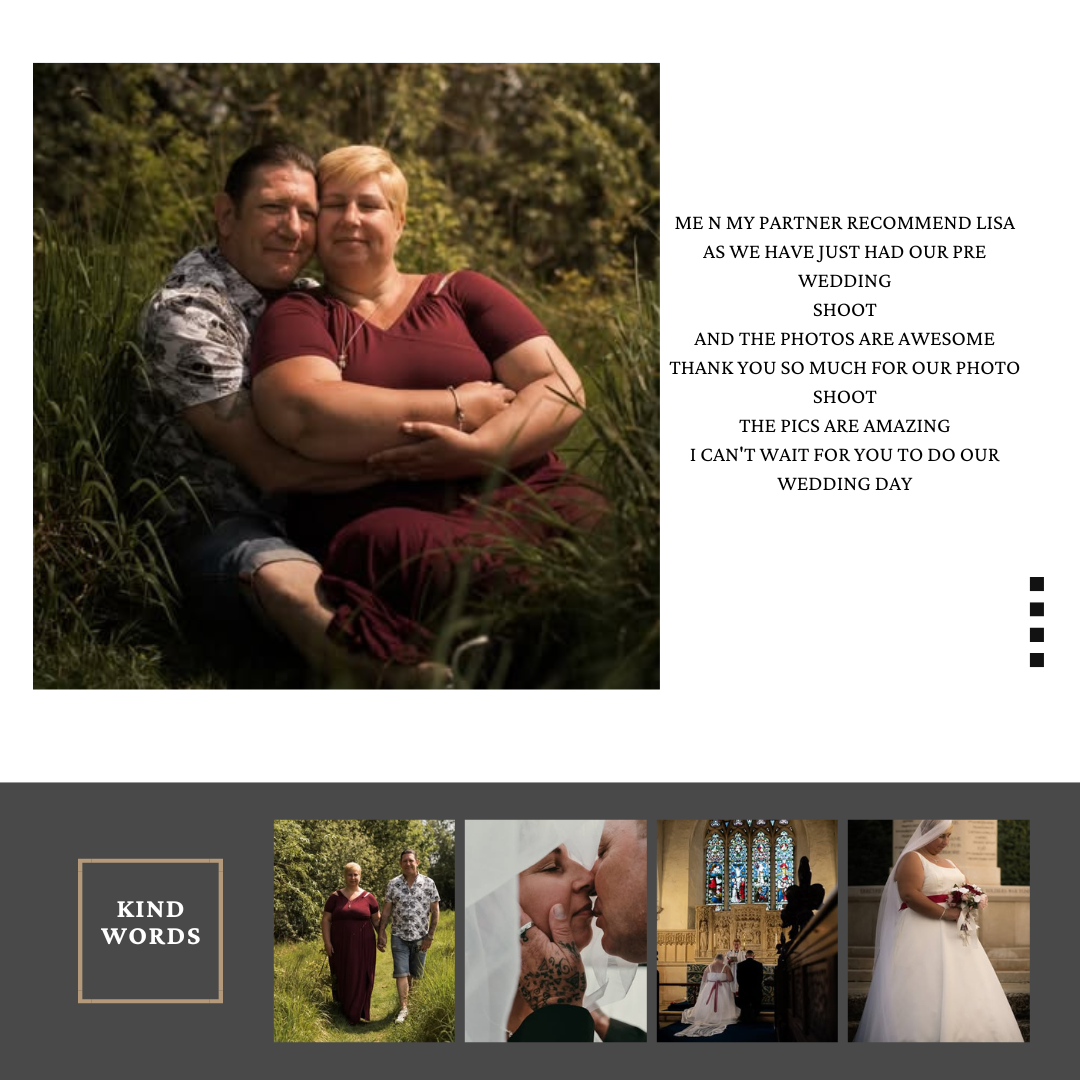 Wedding photography review template with couple's portrait and sample gallery images.