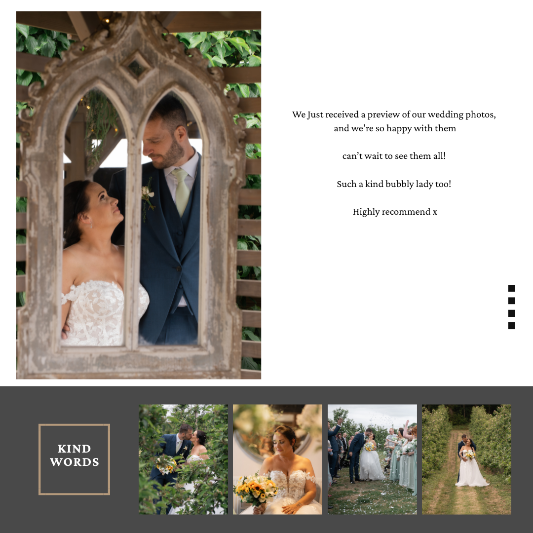 Wedding couple framed within a decorative stone archway with ivy.
