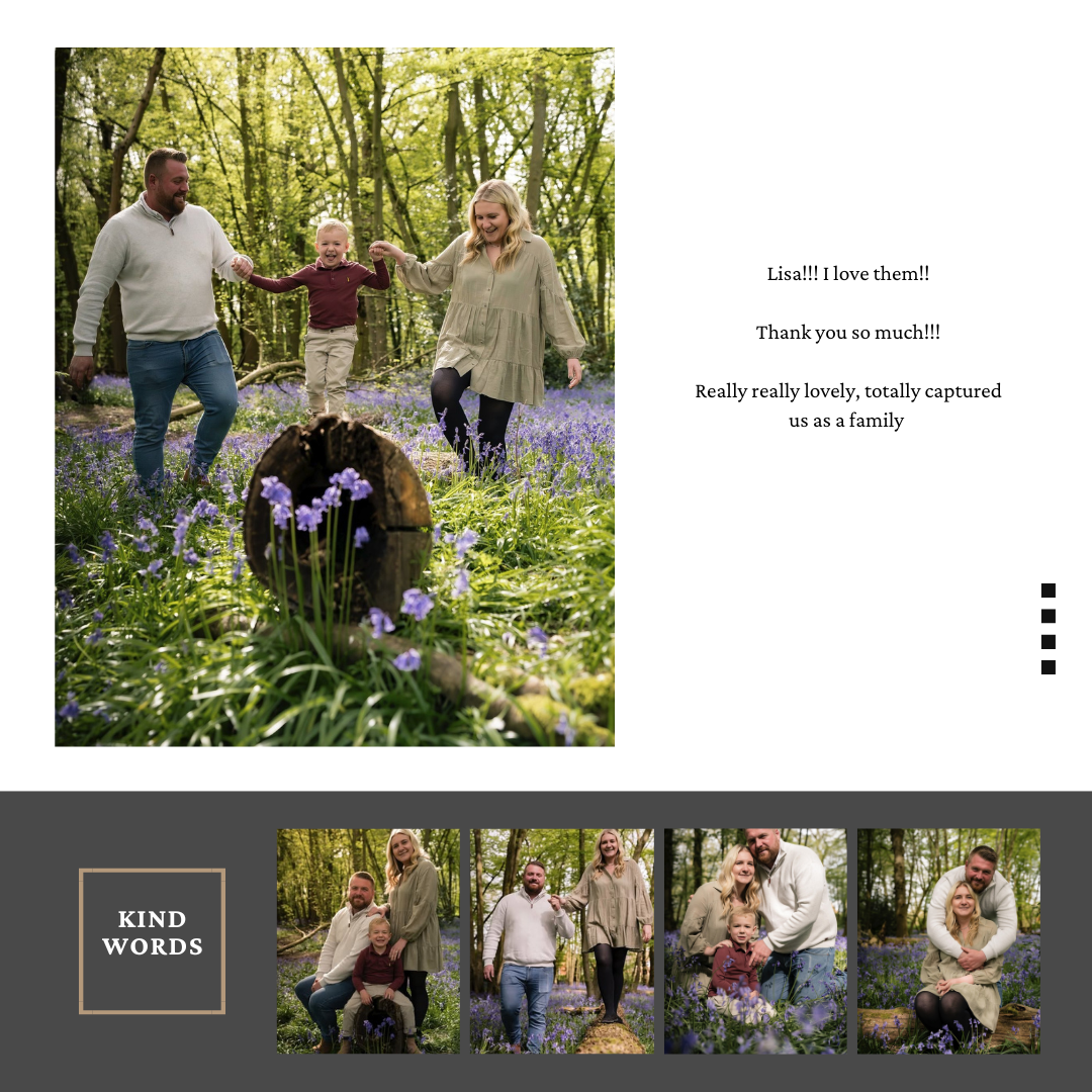 Family portrait with a large black dog surrounded by blooming purple flowers in a wooded setting.