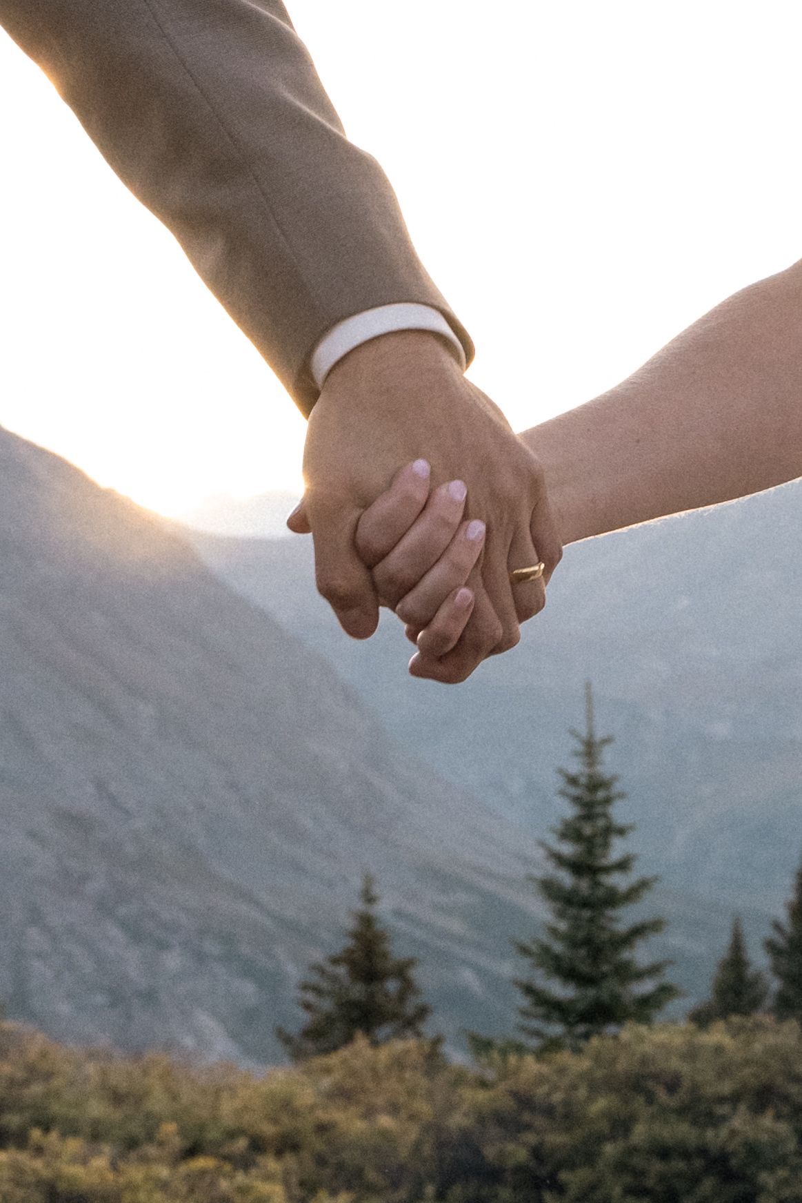 Two hands clasped together against a mountainous landscape with evergreen trees at sunset.