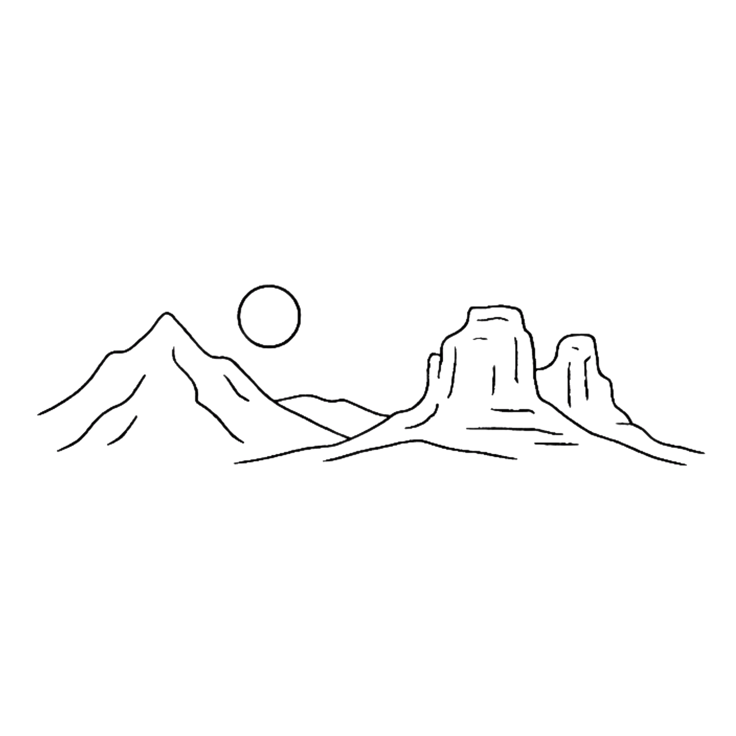 Simple line drawing of mountains, sun, and castle silhouettes in a minimalist landscape design.