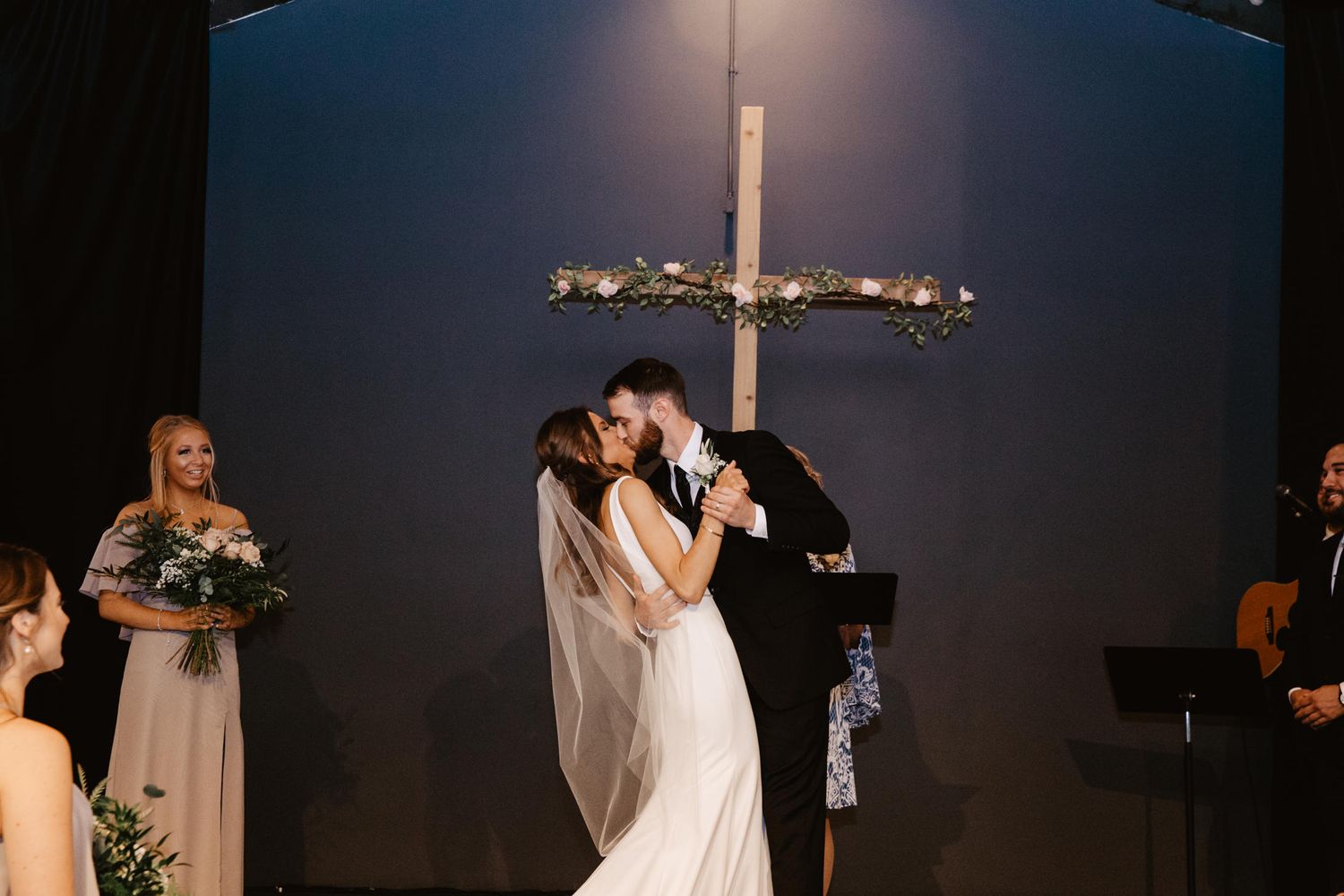 first kiss bride and groom, wedding church ceremony kiss