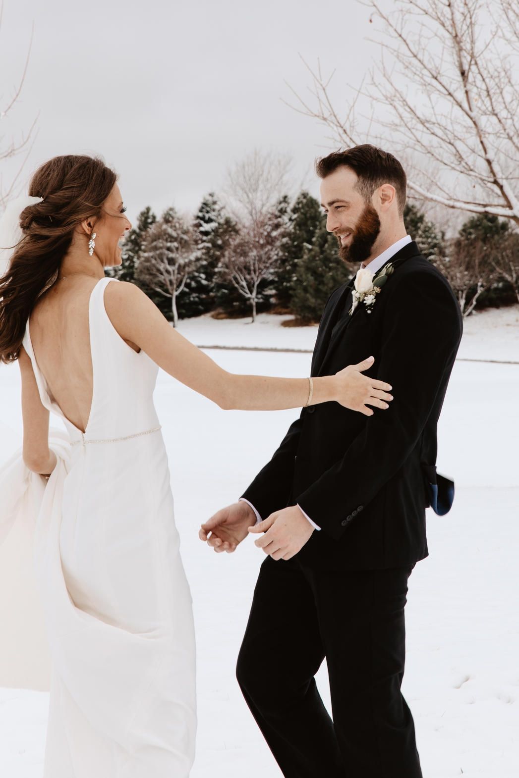 bride and groom first look, winter wedding in lincoln nebraska, lincoln ne wedding photographers