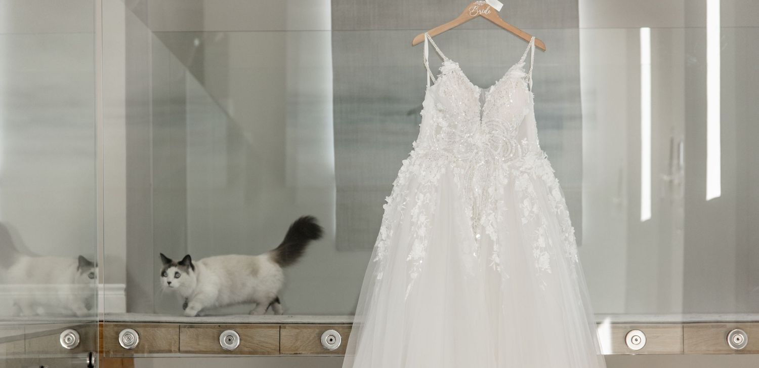 A white lace wedding dress with spaghetti straps hangs elegantly on a wooden hanger against a light gray background.