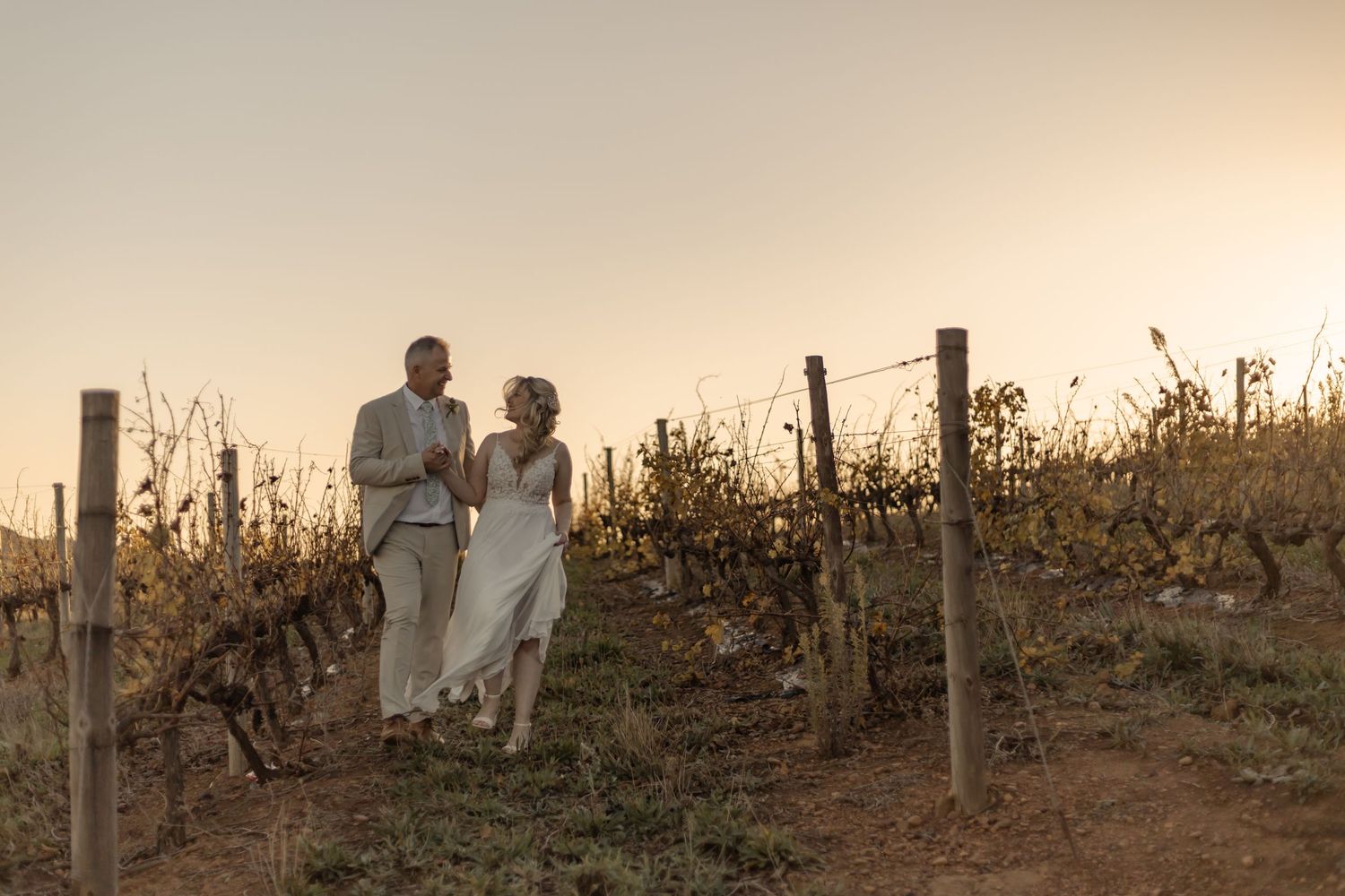A couple walks together through a scenic vineyard at sunset with golden light illuminating the rolling hills and grapevines.