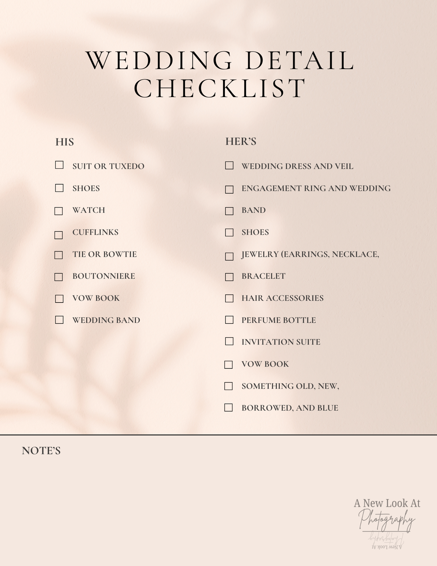 Minimalist wedding checklist template showing his and hers categories with checkboxes on a beige background.