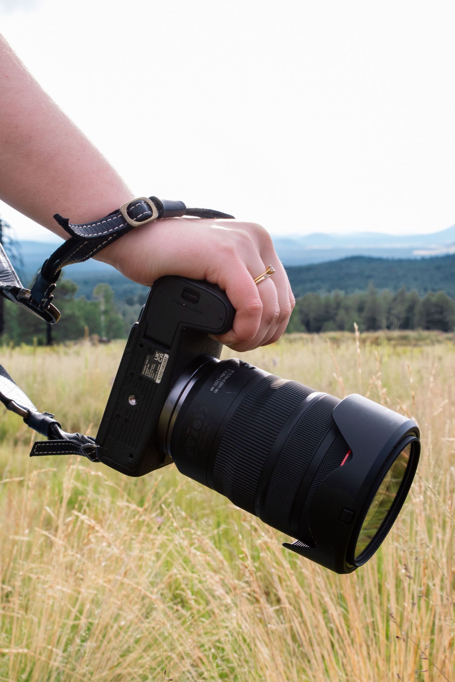 A photographer holds a camera with a large telephoto lens in a scenic field with mountains in the distance.