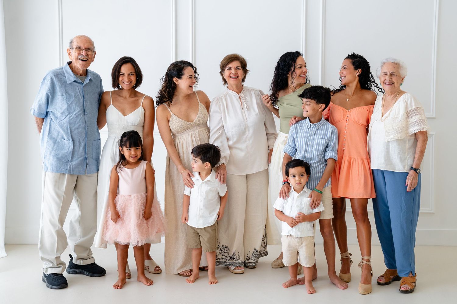 A progressive image sequence showing different stages of a family lineup posing together against a white wall.