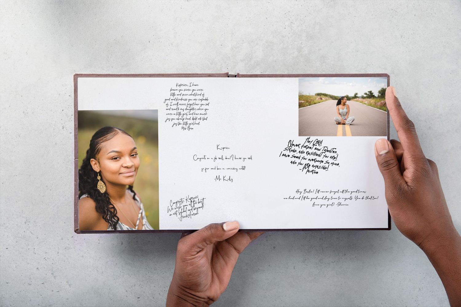 Hand holding a series of white handwritten cards in a sequence showing multiple frames against a light background.