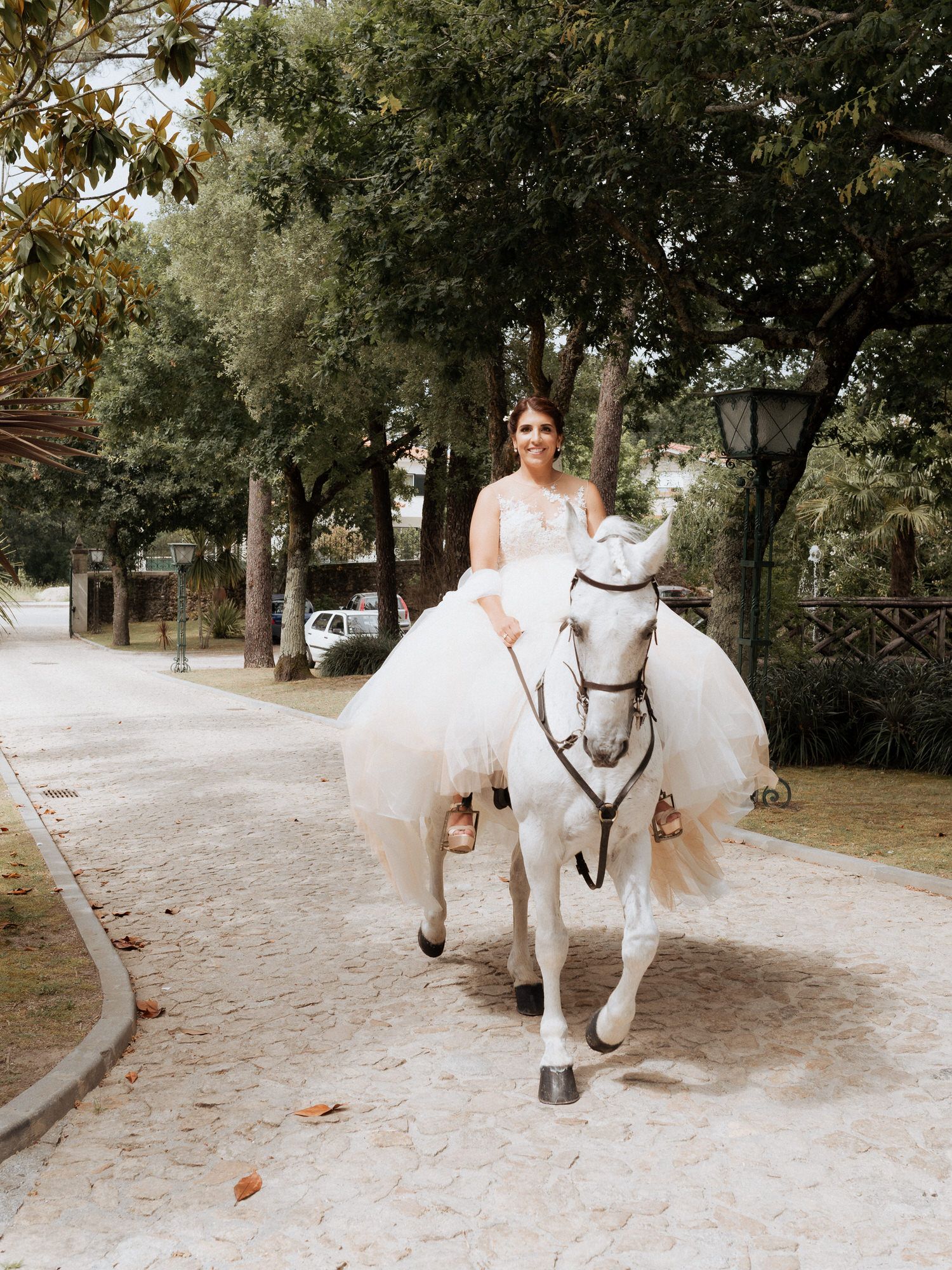 A majestic white horse carries someone in a flowing white wedding dress along a tree-lined path in an elegant outdoor setting.