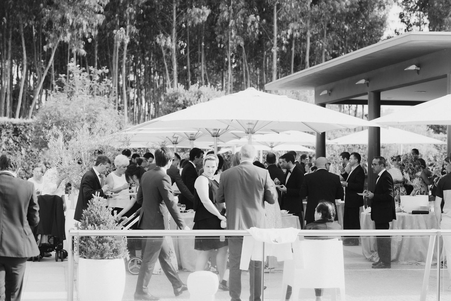 Black and white panoramic collage of wedding guests dancing and celebrating at an outdoor reception.